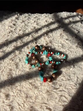 Turquoise Chip and Copper Accent Women’s Necklace with Red Beads